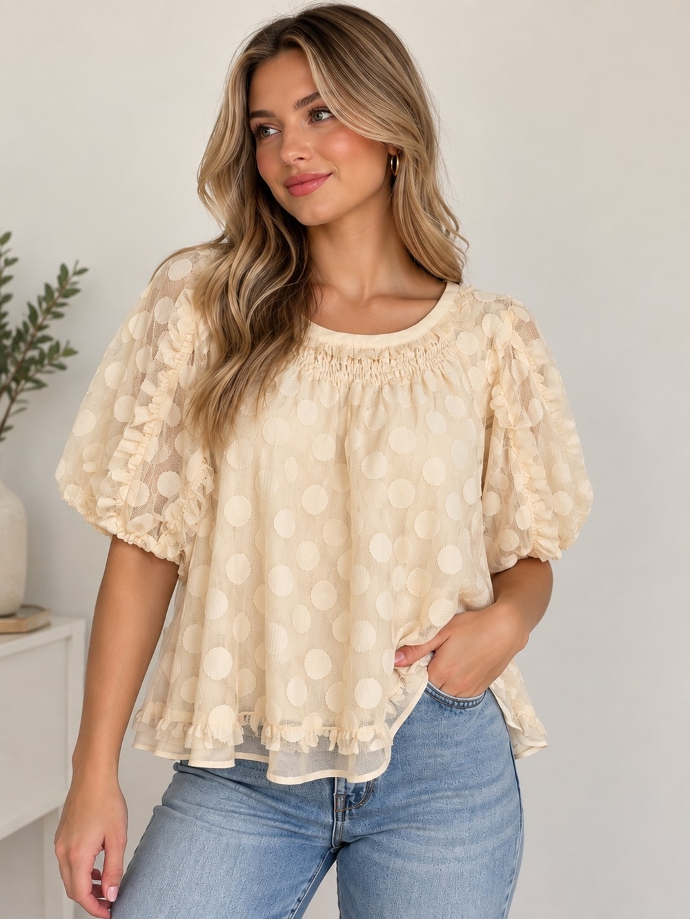 Anthropologie Ivory Swiss Dot Ruffle Puff Sleeve Blouse Size M